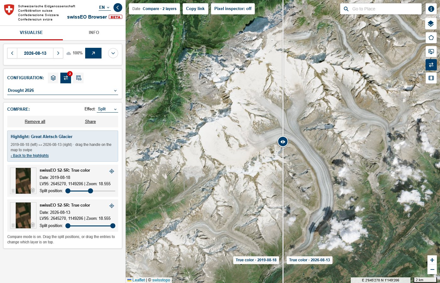 Compare view with two dates of the Great Aletsch Glacier