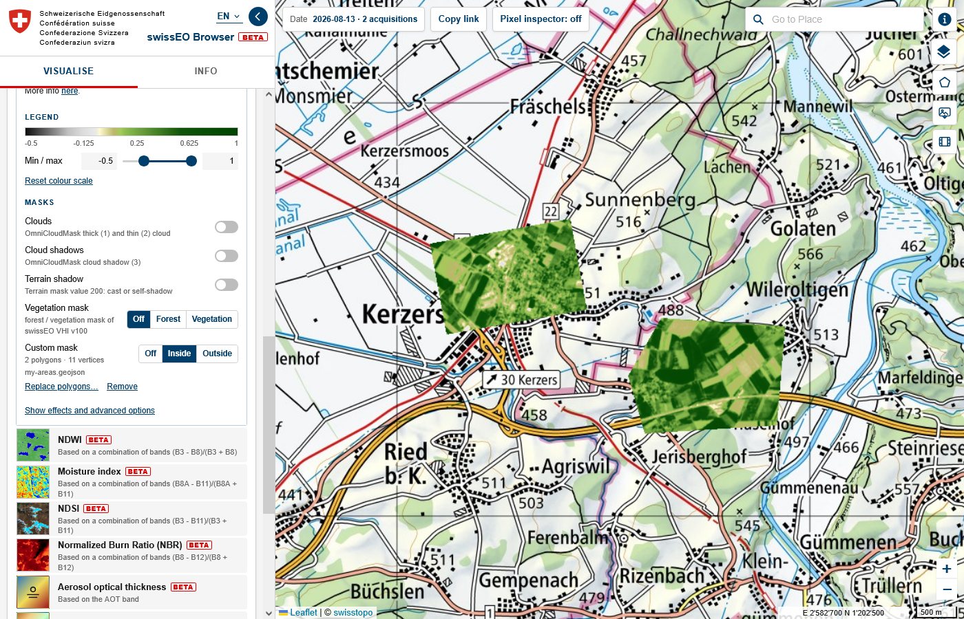 NDVI shown only inside two custom polygons