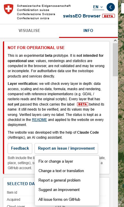 Info tab with the Feedback and issue buttons