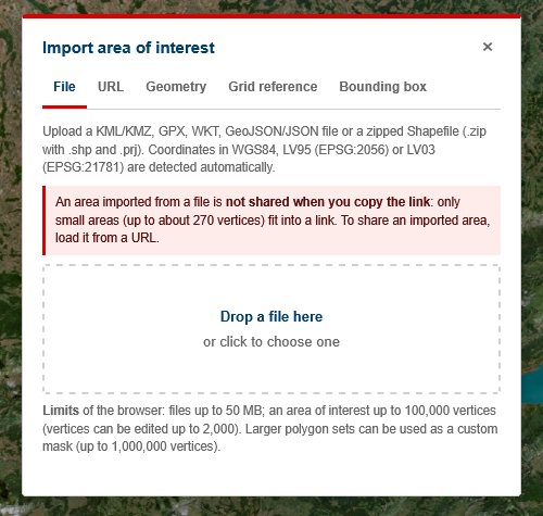 Import dialog for an area of interest