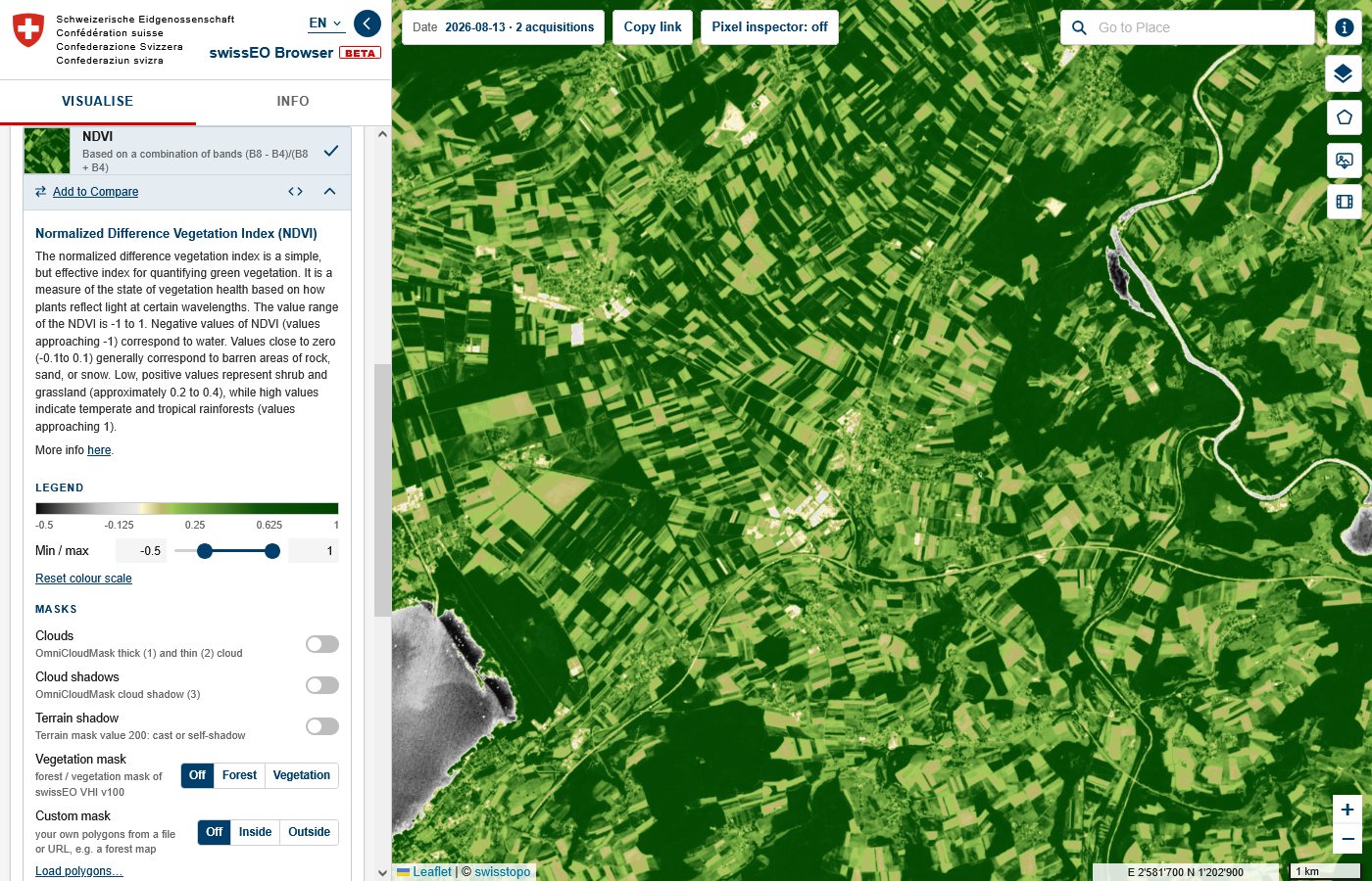 The NDVI layer with its menu open: description, legend and masks