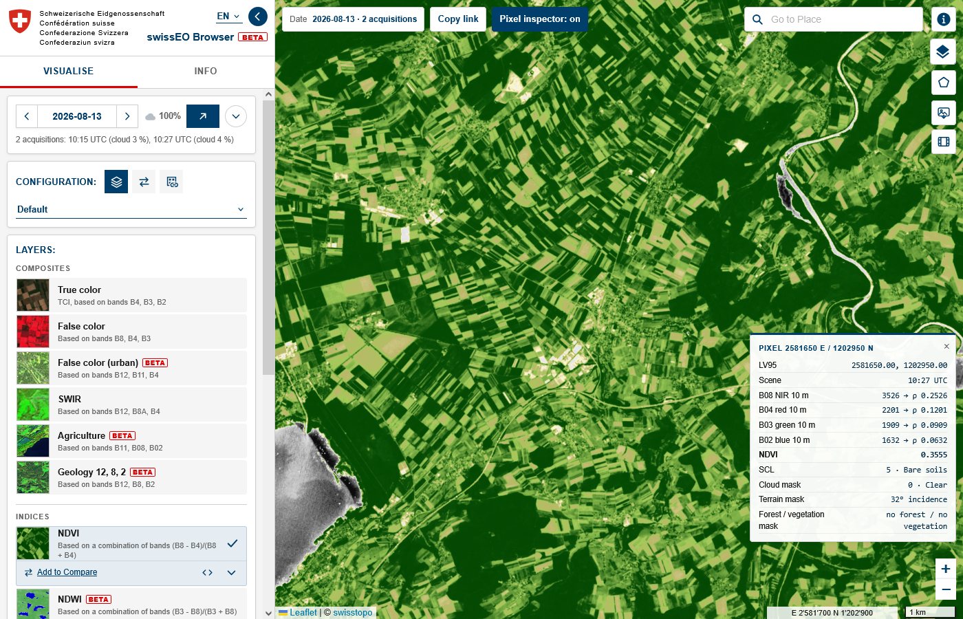 Pixel inspector showing band and NDVI values
